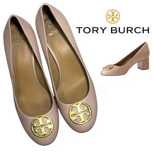 Tory Burch Chelsea 50mm Block Heel Pumps Nude Blush Gold medallion size 9.5
